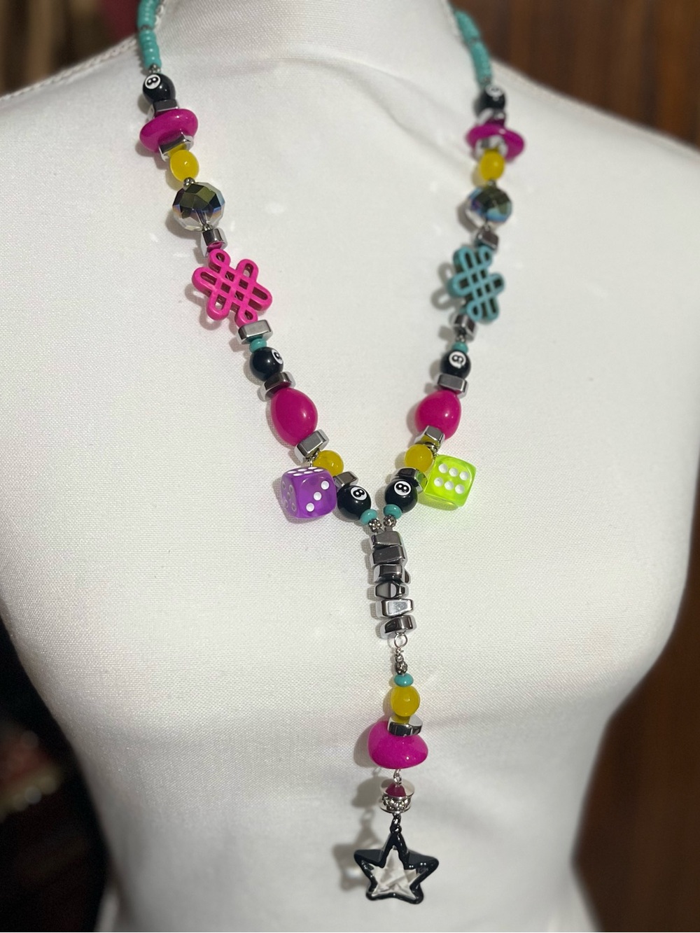 Colorful Star Pendant Beaded Necklace - Pink, Turquoise & Lime